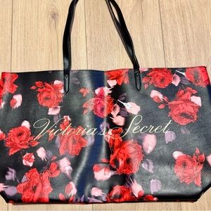 Victoria's Secret Black Tote with Red Floral Pattern